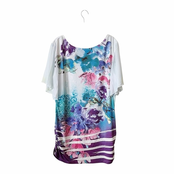 Closet Full Top Womens Size XL Multicolor Floral Sublimation Ruched Flare Sleeve - Picture 4 of 6